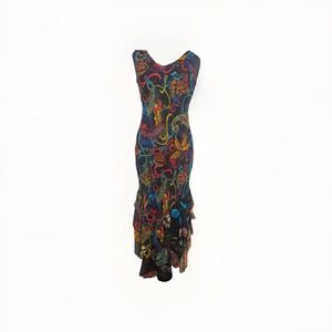 Chicos Womens 100% Silk Paisley Flamenco Maxi Dress Size S Y2K Rare VTG